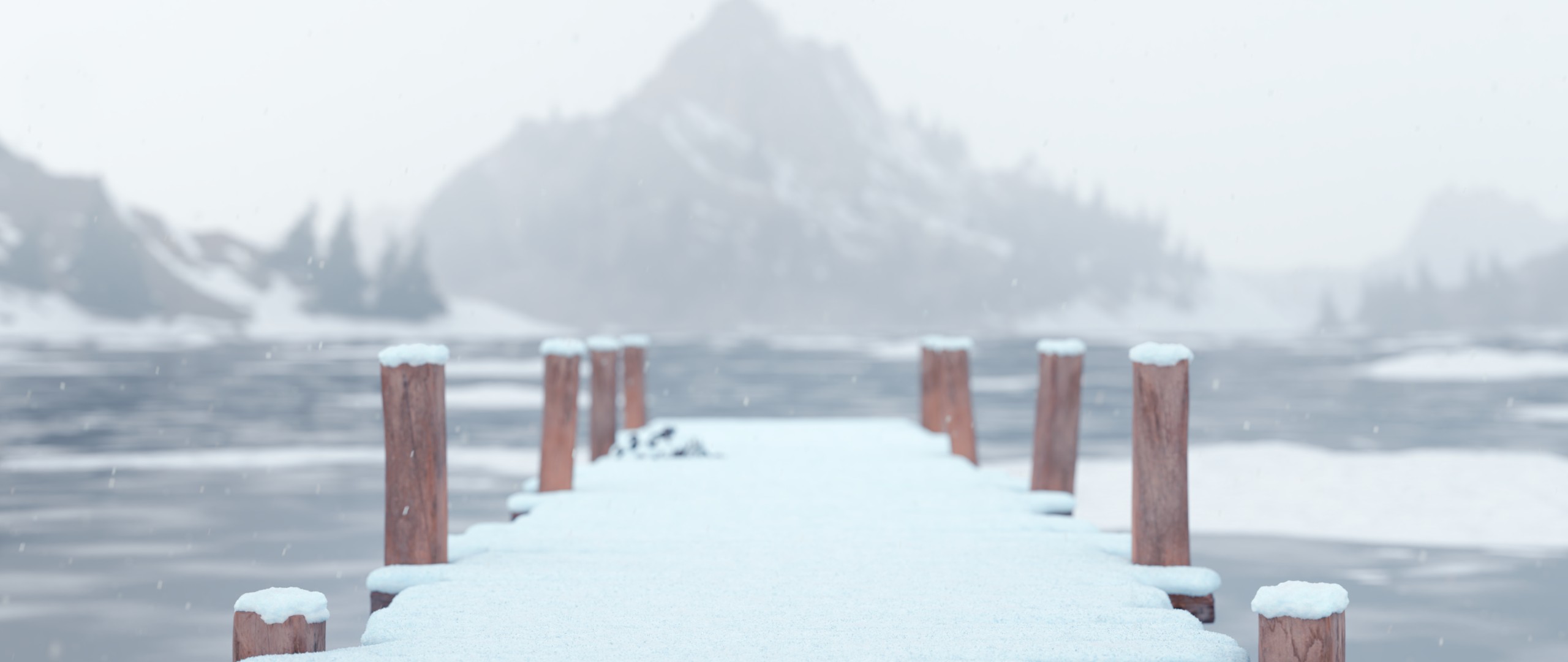 A photo of a wooden bridge in the snow
